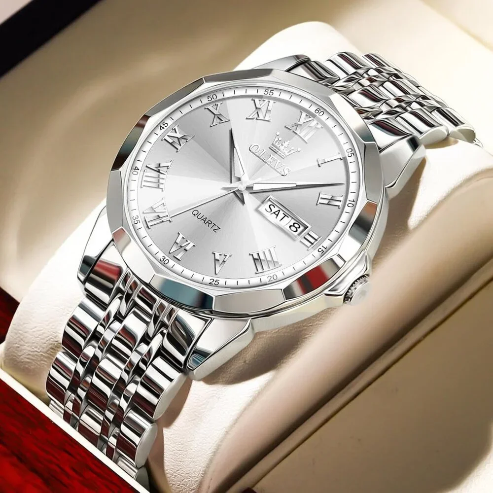 Olevs Men's Silver Steel Stain Waterproof Stainless Luminous Stylish Wrist Watch